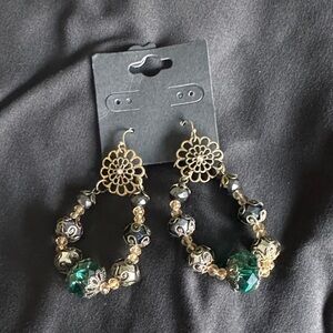 Gold Hoop Earrings with Green Accents
